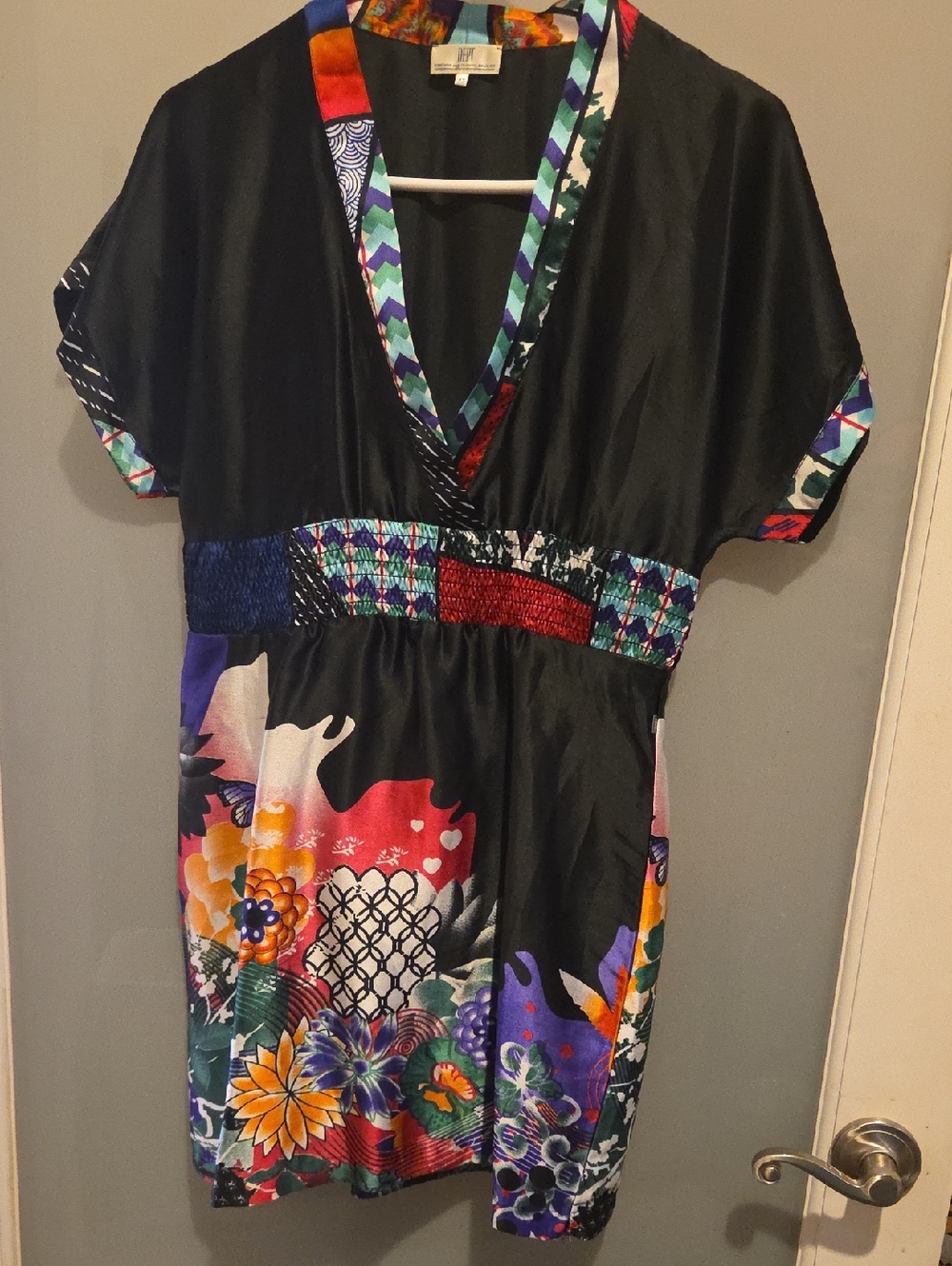 Black Floral V-Neck Dress with Multicolor Accents